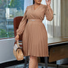 Elegant Dresses Woman V Neck Full Sleeve Pleated Mid Calf Belt Waisted African Female Birthday Party Dress