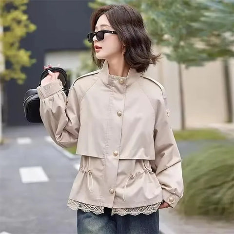 Women Trench Coat Lace Stitching Short Jacket Spring Autumn Tooling Waist Stand-up Collar Windbreaker Female