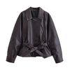 Women Black Short Faux Leather Trench Coat Long Sleeve Lapel Jacket With Belt Vintage Lady Motorcycle Jacket Outwear