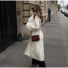 White Fur Patchwork Lace-up Overcoats Women's Street V-neck Full Sleeve Long Woolen Coat Winter Ladies Thick Outwear