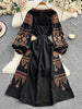 Bohemian Retro Ethnic Style Dress Women's Spring Autumn Embroidered Lace Up Lantern Sleeves Waist Cinching Long Dress A155