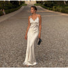 Solid Color Satin Bustier Women Maxi Dress Yellow Spaghetti Strap V Neck Waist-cinching Dresses Party Vestidos