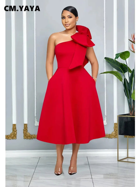 Women Big Bow Shoulder Skew Collar Big Swing Knee Length Dress Belt Street Vestidos Sexy Party Evening Chic Dresse