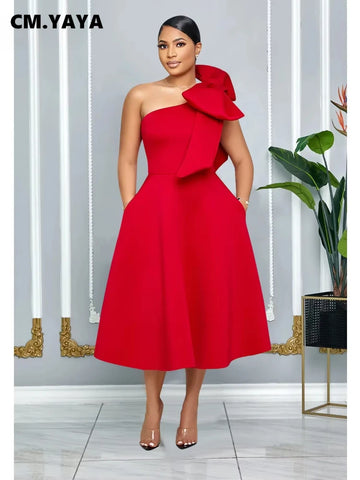 Women Big Bow Shoulder Skew Collar Big Swing Knee Length Dress Belt Street Vestidos Sexy Party Evening Chic Dresse