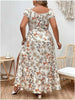 Women Plus Size Floral Maxi Dress Elastic High Waist Loose Square Neck Puff Sleeve Split Dress Casual All-Season Streetwear