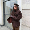 Solid Single Breasted Suede Short Jacket Women Full Sleeve Buckle Lapel Slim Shoulder Pad Coat Lady High Street Wear