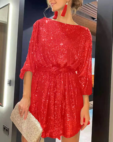 Party Sequins Mini Dress Women O-neck Lantern Sleeve Dresses Women Casual Loose Lace Robe Femme Red Платье Женское Vestidos