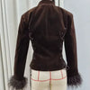 Light Green Landscape Print Jackets Women Chic Stand Collar Furry Cuff Single Breasted Slim Cropped Coat Lady Autumn Daily Wear