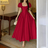 Elegant Chic Women Satin Wedding Guest Party Long Dresses Square Neck Short Puff Sleeve Fitted Waist A-Line Dress S-3XL
