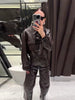 Leather Women's Pants Sets Chic Laple Single Breasted Long Sleeve Jackets Elastic Waist Straight Pants Suit Lady Outfits