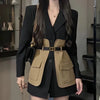 Original Design Blazer Women Loose Spliced Pocket Korean Shrug Notched Single Breasted Blazer Mujer Femal with Belt