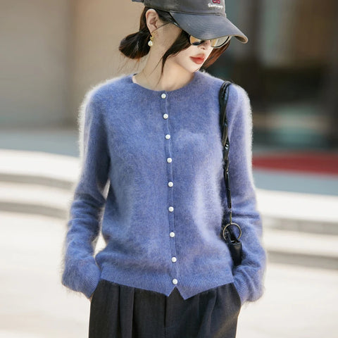 Winter Women's Clothing Tops Brushed Wool Cardigans O Neck Yellow Warm Causal Sweater Soft Solid Knitted Coats B1713005