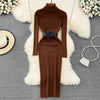 Elegant Turtleneck Long Sleeve Knit Soft Tight Pencil Dress with Belt Slim Warm Sweater Vestido Sexy Women Winter Robe