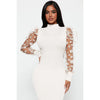 Elegant Women Floral Applique Mesh Long Sleeve Knit Ribbed Sweater Dress Autumn Winter Bodycon Dresses Vestidos