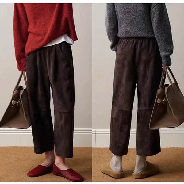 Retro Leather Ankle-Length Pants Women Elastic Waist Suede Sheepskin Wide Leg Length Straight Cylinder Trousers Black brown