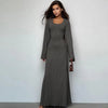 Solid Ribbed Trumpet Long Sleeve Maxi Dress Back Lace-Up Straps Elegant Casual For Women A little thinner Dresses All seasons