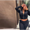 Zipper Plush Jacket Long Pants Lady Set Solid Color Lapel Jackets High Waist Slim Bell-Bottom Trousers Casual Women's Sets