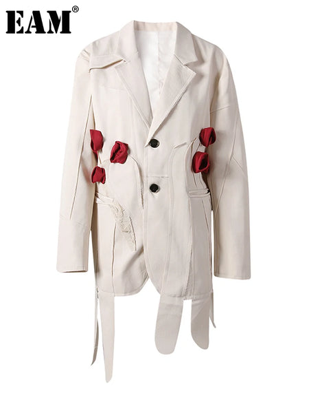 Women Beige Flower Ribbon Big Size Vintage Blazer Lapel Long Sleeve Jacket Tide Spring Autumn CPG2872