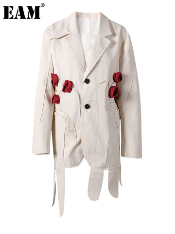 Women Beige Flower Ribbon Big Size Vintage Blazer Lapel Long Sleeve Jacket Tide Spring Autumn CPG2872