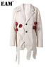 Women Beige Flower Ribbon Big Size Vintage Blazer Lapel Long Sleeve Jacket Tide Spring Autumn CPG2872