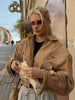Retro Brown Suede Lapel Zippered Short Jackets Women's Casual Full Sleeves Pocket Loose Coats Spring Daily Commute Outwear