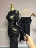 Women Flare Long Sleeve Stacked Dot Mesh See Though with Lining Maxi Long Dress Evening Birthday Sexy Party Dresses