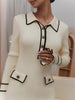 Ruffled Knit Dress Women Autumn Ribbed Contrast Long Sleeve High Waist Lapel Gown Dress Knitwear Ladies Maxi Dress