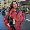 Women Dusty Pink Faux Suede Cropped Jacket Chic Full Zip Stand Collar Elastic Hem Short Coat Autumn Casual Street Outwear