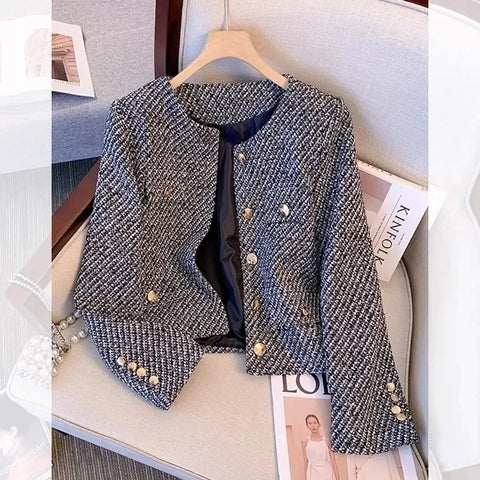 Winter Vintage Tweed Jacket Small Cardigan Female Korean Short Small Fragrance Joint Elegant Woolen Coat Female