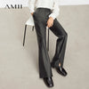 Minimalist PU Leather Casual Pants for Women Autumn Loose Floor Length Straight Slit Female Trousers 12343250