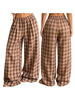 Women Vintage Aesthetic Casual Plaid Print Barrel Pants Drawstring Elastic Waist Loose Straight Pants with Pockets Streetwear