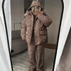 Print Hooded Puffer Coat Set Women Quilted High Neck Full Sleeve Zip Pockets Jacket Wide Leg Pants Winter Warm Sets