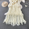 Retro Elegant V-neck ruffle lace-up pleated long sleeve A-line Casual High Waist Dress Women Autumn Dress
