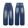 Missuoo Women's Washed Blue High-Waist Metal Grommet Wide Leg Jeans Casual Loose Fit Streetwear Pants Casual Trousers