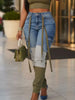 Women High Waist Skinny Jeans Patchwork Spliced Ribbon Decor Cargo Pocket Slim Denim Pants Autumn