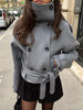 Women Black Belted Double Breasted Coat High Neck Long Sleeve Tailored Fit Elegant Jacket Winter Office Casual Outerwears