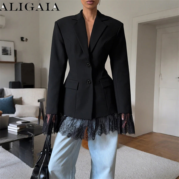 One Button Lace Blazer Women Black Slim V-neck Full Sleeve Shoulder Pads Jacket Fall Office Lady All-match Outwear