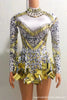 Stretch Sequins Mirror Dress Women Bodysuit Dancewear Long Sleeve Drag Queen Costume Rave Festival Night Out BodySuits