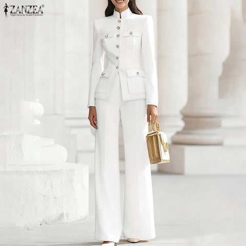 Women's Elegant Pant Suits Vintage Stand Collar Long Sleeve Top & Casual Pant 2 Pieces Sets Commuting Work Wear Outfits