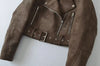 Spring Women's Brown Suede Short Jacket Loose Lapel Zipper Long Sleeve Motorcycle Coat Female Lady High Street Outwear