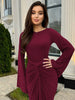 Autumn Elegant O-Neck Long Flare Sleeve Ruched Slim Fit Ribbon Long Dress Women'S Solid Casual Party Club Outfit