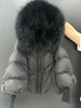Lagabogy Winter Large Real Fur Hooded Puffer Jacket Women White Duck Down Mid Long Parka Thick Warm Knitted Sleeve Coat