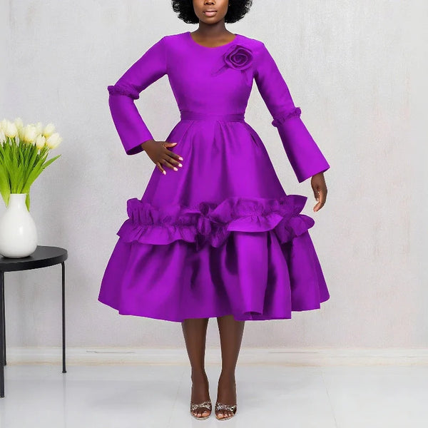 Stylish A Line Dresses for Women O Neck Long Flare Sleeve 3D Flower Ruffles Midi for Party Weddings and Special Events