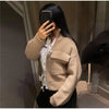 Women Camel Ribbed Knit Cardigan Zip Up High Collar Long Sleeve Cropped Sweater Flap Pockets Jacket Casual Autumn Outfits