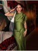 Olive Green Satin Maxi Dress Women Elegant Shawl Design Lace Trim Asymmetrical Hem Ruched Bodycon Formal Dinner Gown