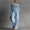 Chic Mesh Knit Sweater Two Piece Set Women Off Shoulder Drawstring Baggy Wide Leg Trousers Suit Casual Streetwear Holiday Outfit