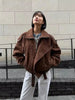 Women's Belt Short Suede Jackets Loose Lapel Long Sleeve Zipper Coats Spring Lady Vintage Female Outwear Street