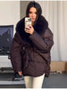Thichen Winter Padded Coat Women Faux Fur Collar Belted Waist Tie Loose Oversized Quilted Jacket Warm Outerwear Daily Streetwear