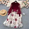 Senior Knitted Patchwork Dress Long Lantern Sleeves Bow Mesh Embroidery Floral Women Autumn France Elegant Party Dress