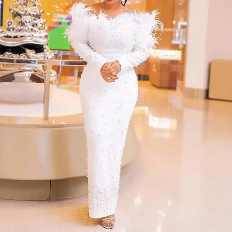 Elegant Embroidered Flares Dress for Women Off Shoulder Feather Slim Party Cocktail Wedding Guest Plus Size Long Dresses